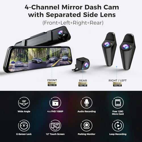 4-channel mirror dash cam with separated side lenses and features.