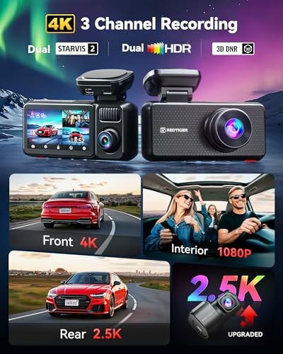 4K dashcam with 3 channel recording, featuring front 4K, interior 1080p, rear 2.5K cameras.