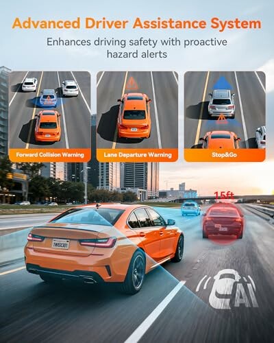 Infographic of Advanced Driver Assistance System with forward collision, lane departure, and stop-go warnings.