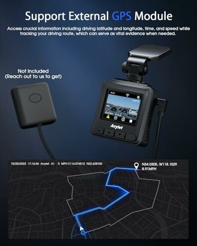 Dashcam with support for external GPS module.