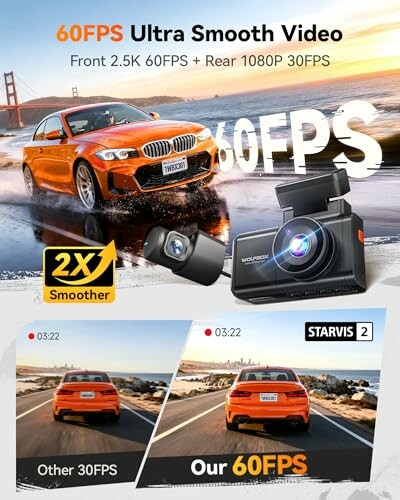 Promotional image for a dashcam showing a car and product features like 60FPS video.