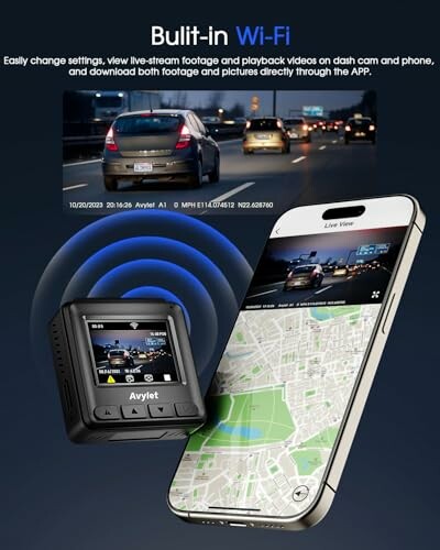 Dashcam with built-in Wi-Fi showing footage and app on phone.