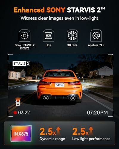 Sony STARVIS 2 camera showcasing clear low-light image of an orange car at night.
